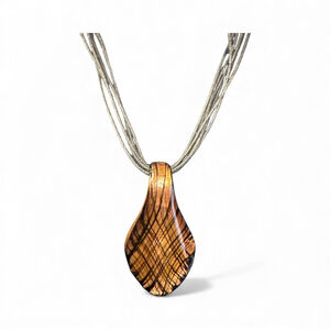 Amber Glass Drop Pendant Necklace – Art Deco Style on Silver Cord